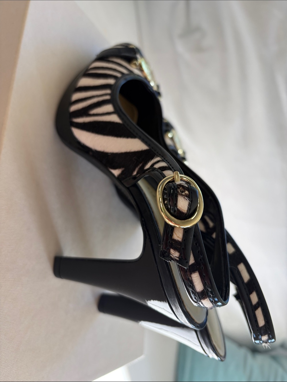 Anne Klein Black and White Zebra Print Slingback Wedges with Gold Accent - Picture 5 of 6